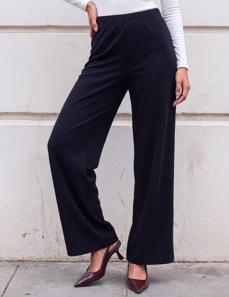 Roman Petite Wide Leg Stretch Trousers Black Mix