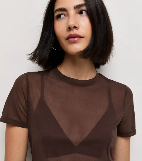 Women's Dark Brown Semi Sheer Tissue Mesh T-Shirt