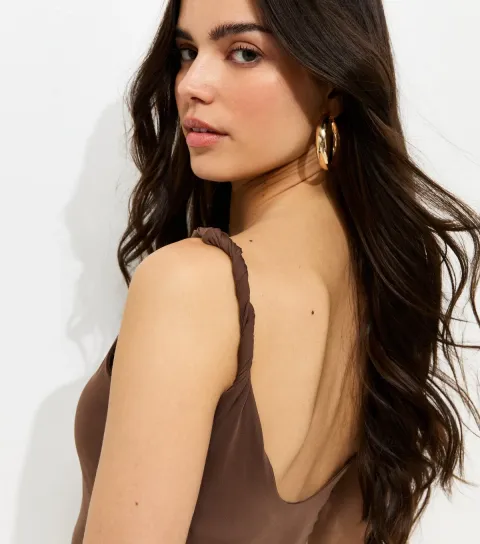 Women's Dark Brown Twisted Strap Slinky Low Back Top