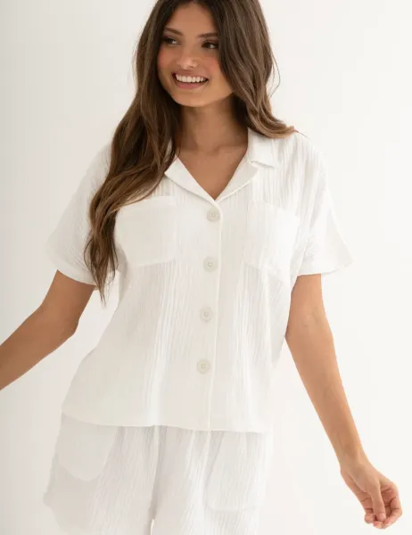Pour Moi Woven Double Cloth Revere Collar Shirt and Short Pyjama Set White