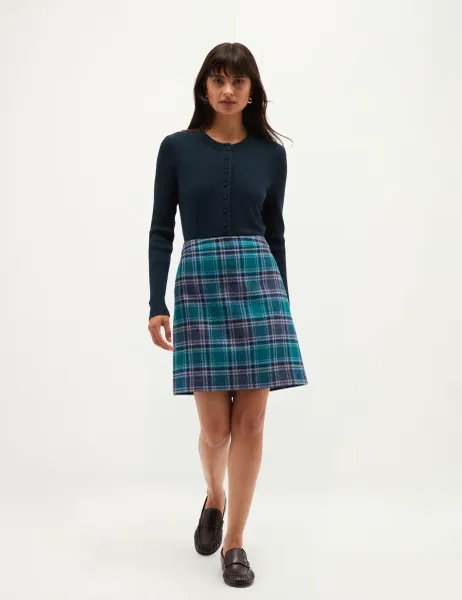 Pure Wool Checked Mini A-Line Skirt Blue Mix