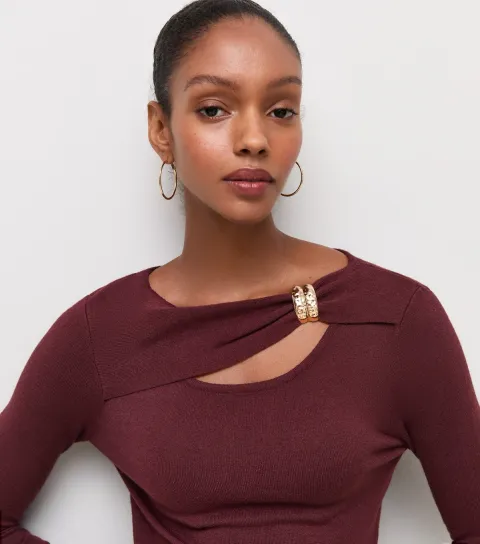 New Look Women's Dark Burgundy Knitted Gold Ring Long Sleeve Top