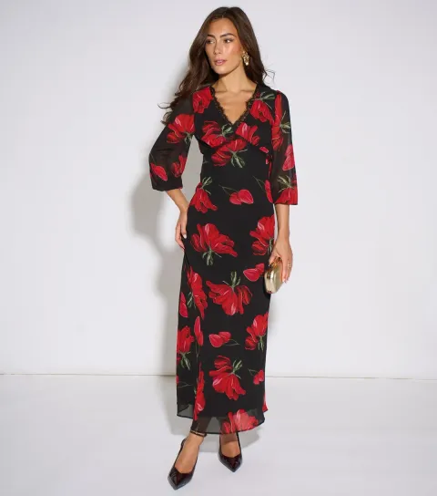 Women's Black Floral Print Lace Trim Midi Dress