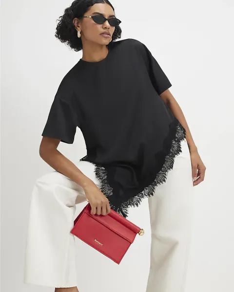 River Island Asymmetric Satin Lace T-Shirt