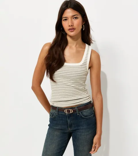 Women's Green Cotton Rich Ribbed Striped Square Neck Vest