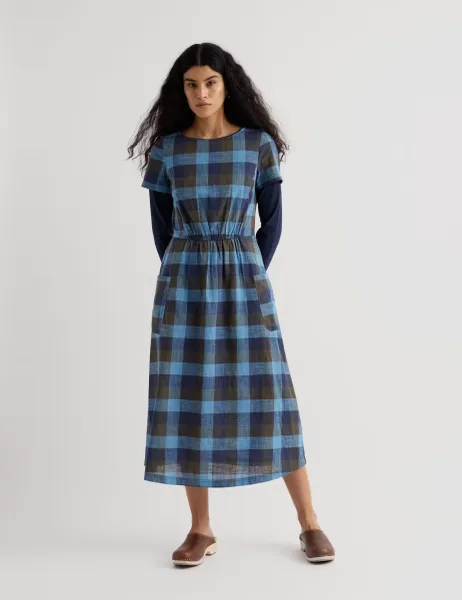 Seasalt Cornwall Pure Cotton Checked Midi Waisted Dress Blue Mix