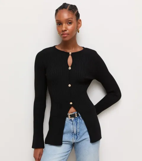 New Look Women's Black Ribbed Knit Button Long Sleeve Top