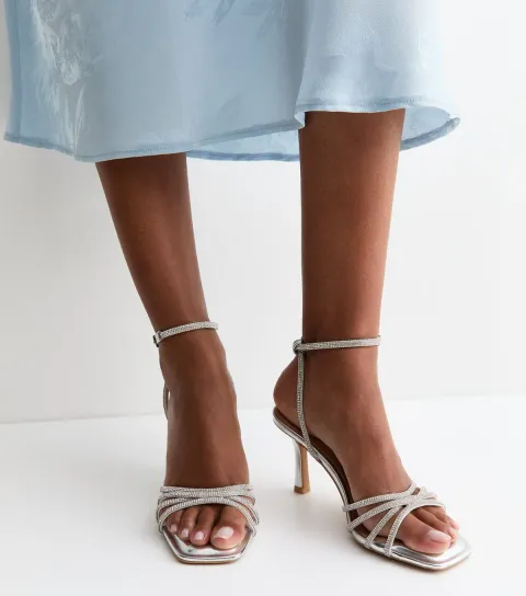 Women's Silver Faux Leather Diamante Strap Stiletto Sandals Vegan