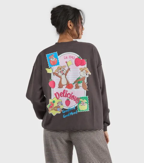Women's Custard Faded Black Disney Chip N Dale Print Sweatshirt
