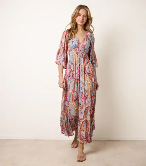 Women's Multicolour Paisley Print V-Neck Midi Dress