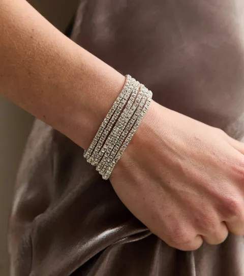 Pack of 6 Silver Tone Gem Embellished Stretchy Bracelets
