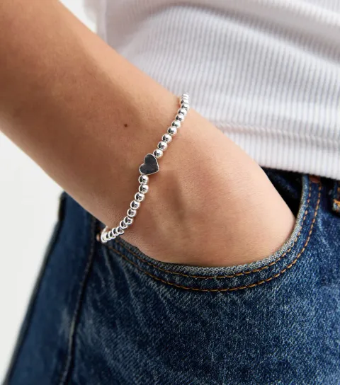 Silver Tone Beaded Heart Charm Bracelet