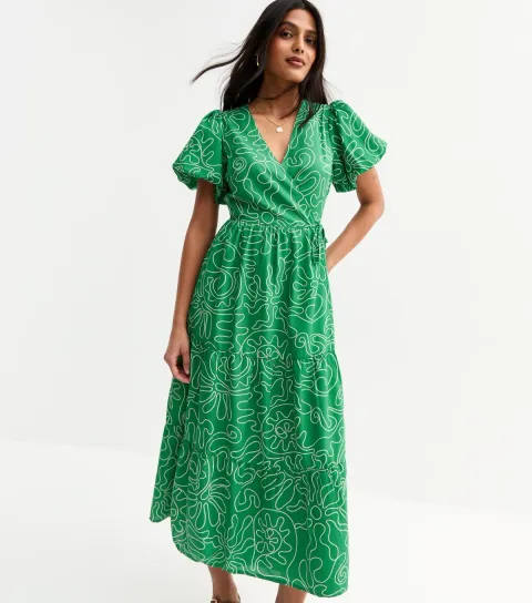 Women's Green Swirl Print Tiered Midi Wrap Dress