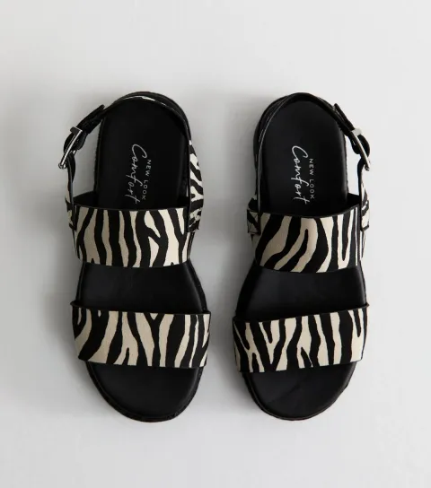 Women's Wide Fit Black Faux Suede Zebra Print Flatform Sandals Vegan