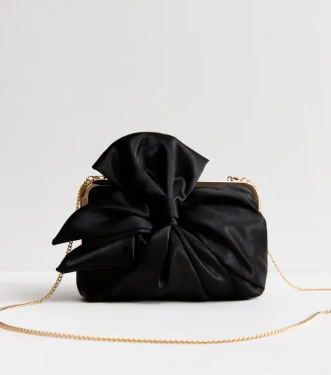 New Look Black Bow Appliqued Satin Clutch