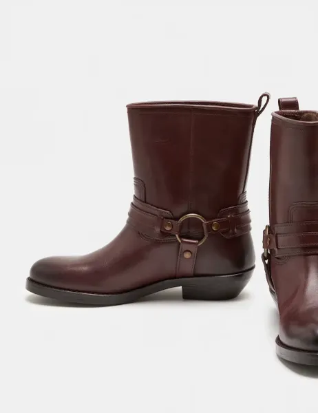 Marks & Spencer Leather Cowboy Block Heel Mid Calf Boots Wine