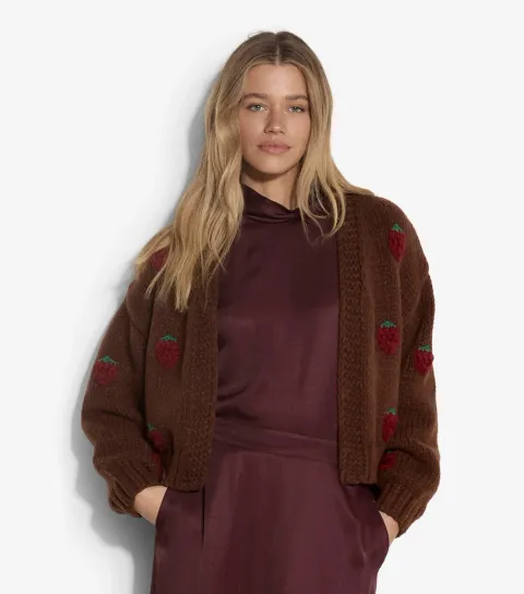 Apricot Women's Dark Brown Raspberry Embroidered Knit Open Front Cardigan