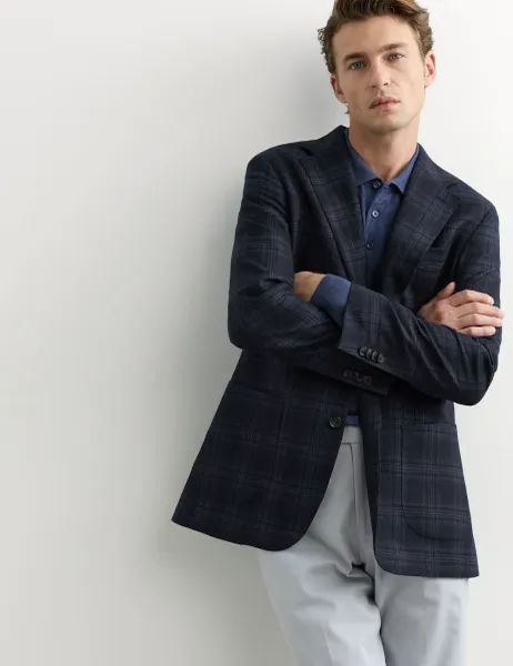 Jaeger Tailored Fit Italian Wool Check Blazer Navy Mix