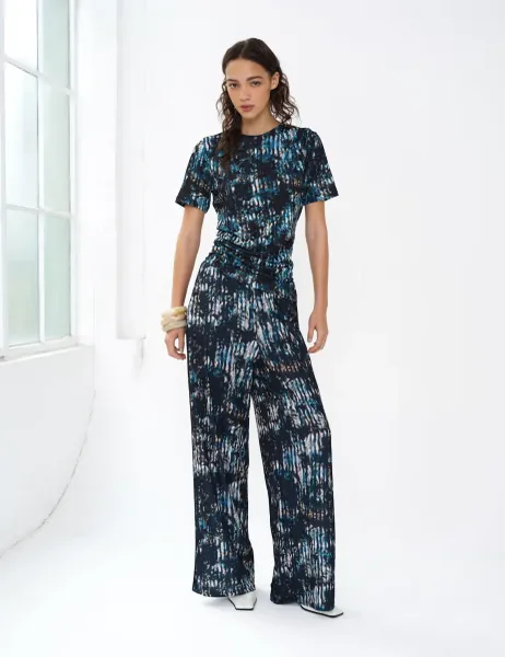 French Connection Printed Draped Crew Neck Top Blue Mix
