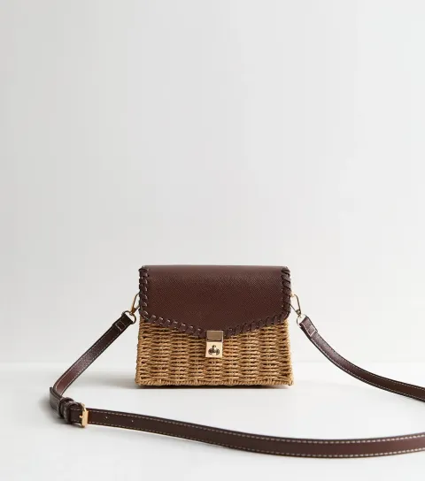 Stone Woven Wicker Front Flap Crossbody Bag