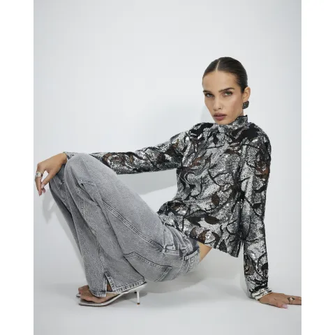River Island Sequin Funnel Neck Long Sleeve Top