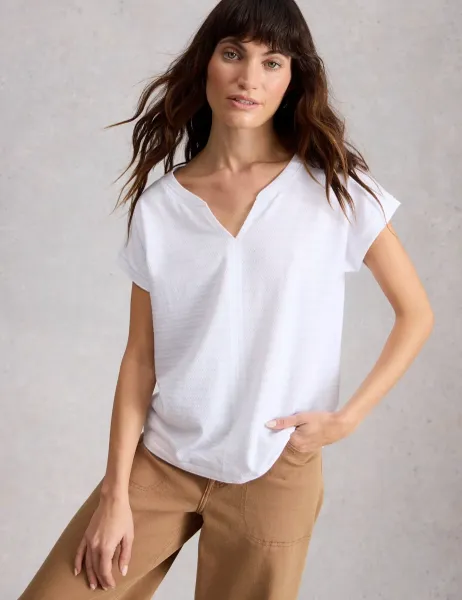 White Stuff Pure Cotton Textured Notch Neck T-Shirt White