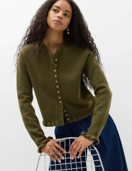 Marks & Spencer Ruffle Crew Neck Cardigan Dark Khaki