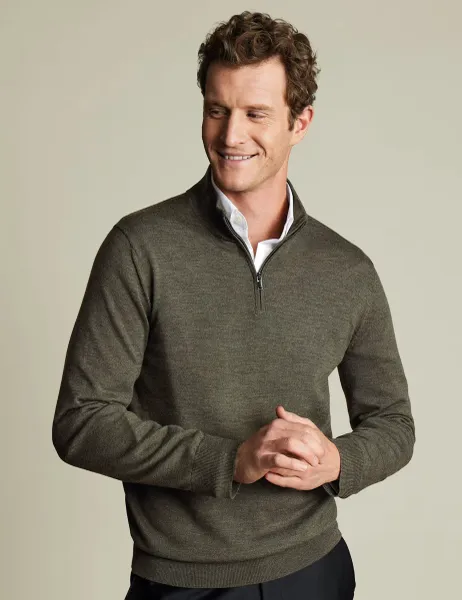 Charles Tyrwhitt Pure Merino Wool Half Zip Jumper Olive
