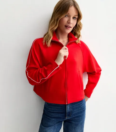 New Look Women's Premium Red Jersey Contrast Piping Zip Up Sweatshirt