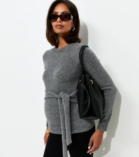 Women's Maternity Grey Tie Front Knitted Jumper