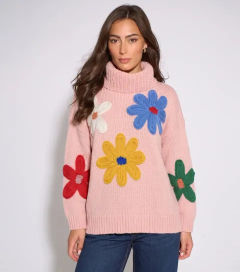 Gini London Women's Pink Floral Applique Roll Neck Jumper