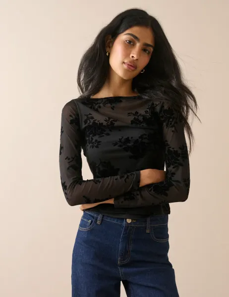 Devoré Floral Slash Neck Fitted Top Black