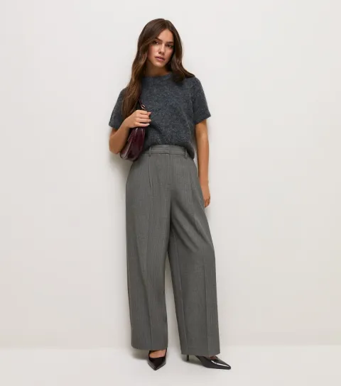 Women's Petite Grey Striped Tailored Wide Leg Trousers