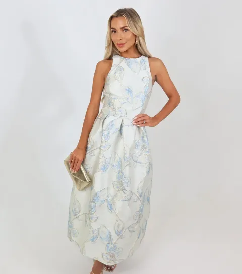 Women's Light Blue Jacquard Sleeveless Midi Dress