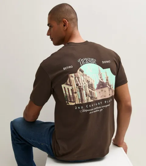 Jack & Jones Men's Dark Brown Cotton Rich Photo Back Graphic T-Shirt