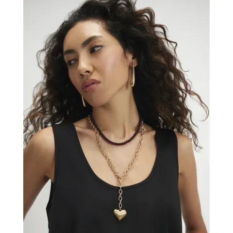 River Island Burgundy Bead And Heart Multirow Necklace
