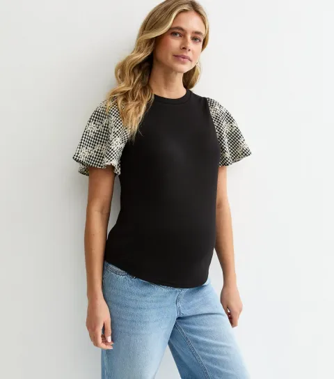 Women's Maternity Black Soft Touch Contrast Check Sleeve Top