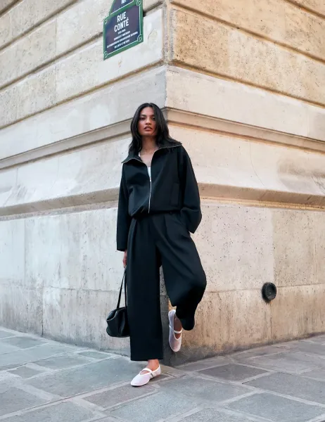 RO&ZO Cotton Rich Elasticated Waist Wide Leg Trousers Black