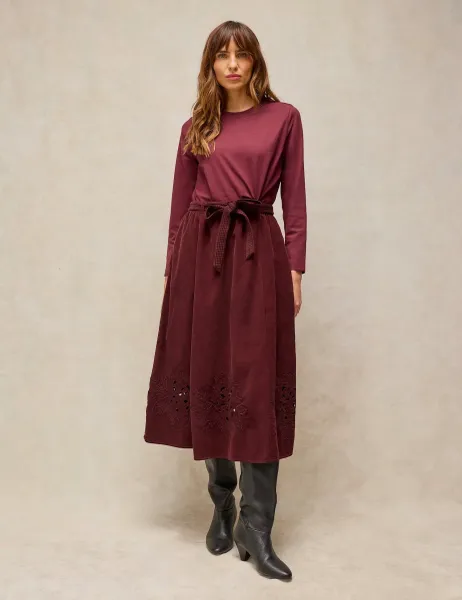 Corduroy Embroidered Midi A-Line Skirt Dark Red