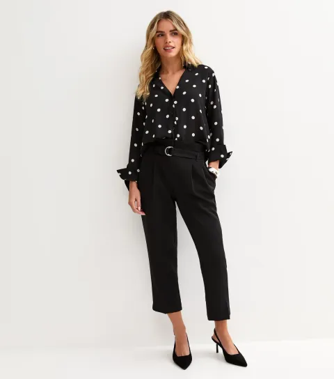 Women's Petite Black Ring Belted Paperbag Waist Trousers