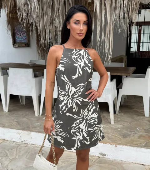 Women's Dark Khaki Floral Print Racer Neck Mini Dress