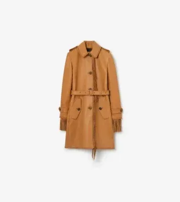 Short Fringed Leather Car Coat in Sand brown