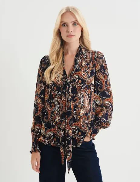 Finery London Satin Paisley Tie Neck Blouse Dark Navy Mix