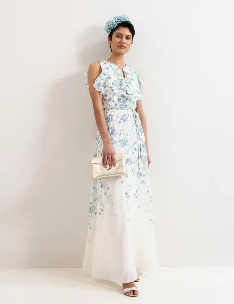 Phase Eight Floral Ruffle Belted Maxi Waisted Dress Ivory Mix