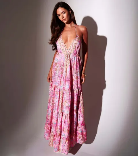 Women's Pink Printed Halter Neck Maxi Dress