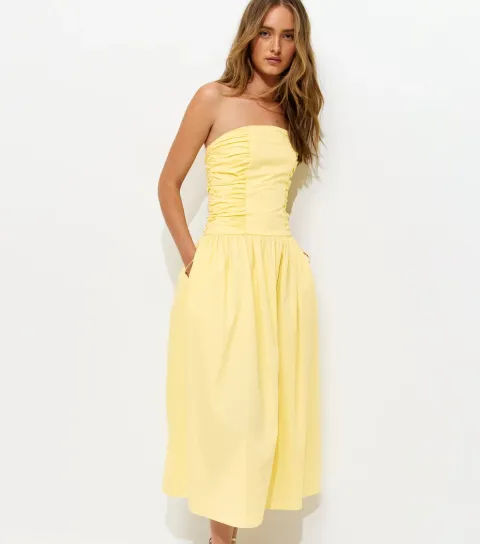 New Look Women's Light Yellow Bandeau Ruched A Line Midi Dress