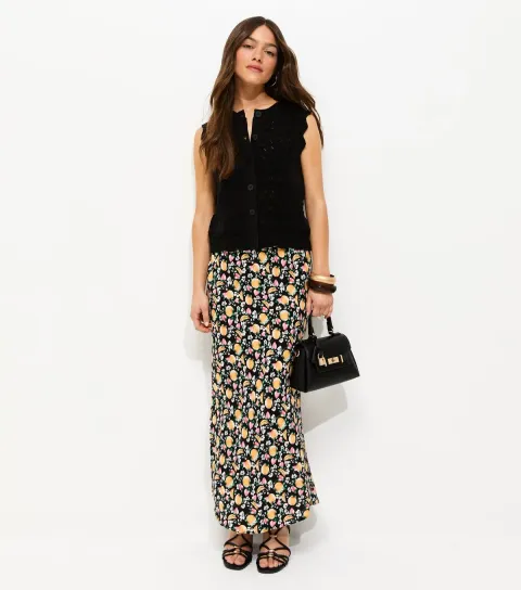 Women's Petite Black Fruit Print Bias Cut Midi Skirt