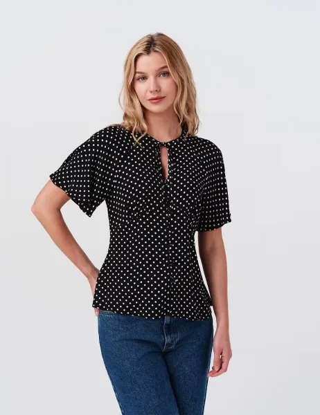 Ghost Crepe Polka Dot Tie Neck Angel Sleeve Top Black Mix