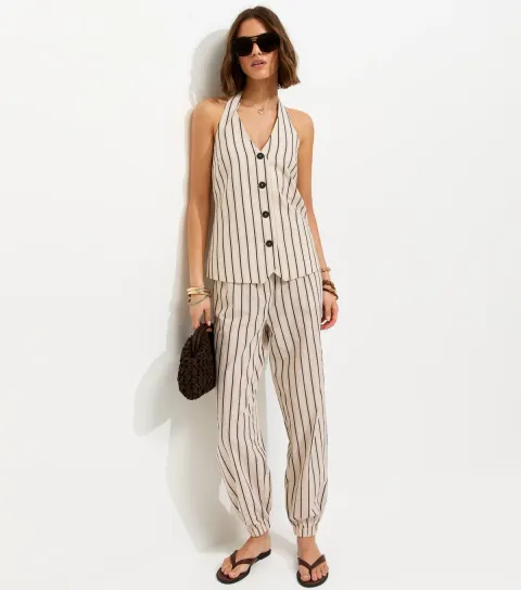 Women's Cream Cotton Stripe Tailored Cuffed Trousers