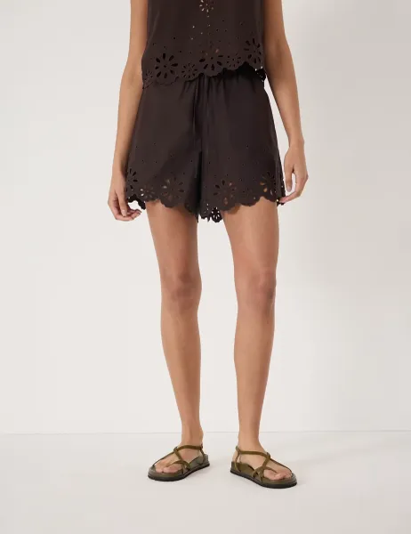 HUSH Pure Cotton Broderie Shorts Dark Brown